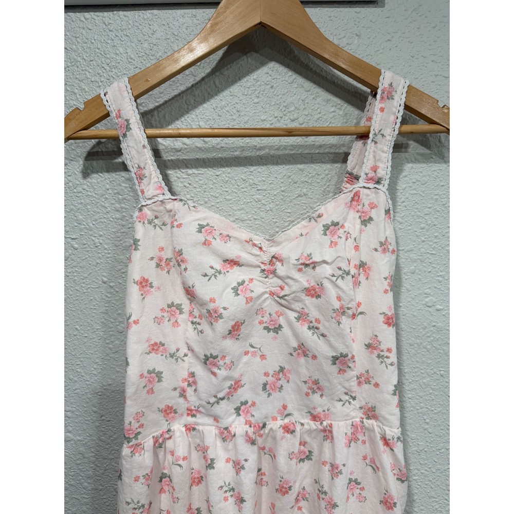 Pink Floral Sweetheart Lace Tiered Midi Dress L Cottagecore Coquette Fairycore - Picture 4 of 9